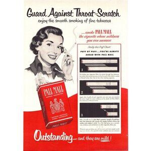 Pall Mall Cigarettes Vintage Print Ad For Sore Throats Scratch 50s Wall Art